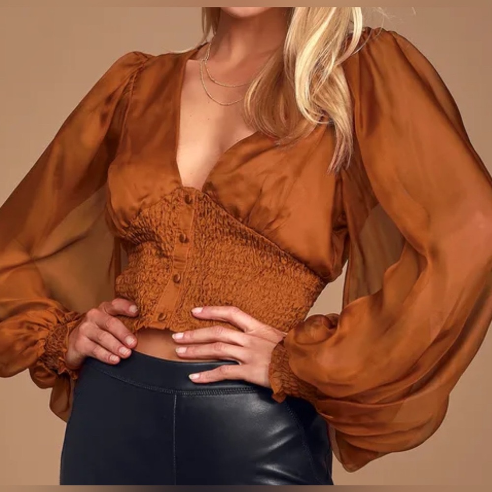 Lulu’s Brown Long Sleeve Smocked Crop Top